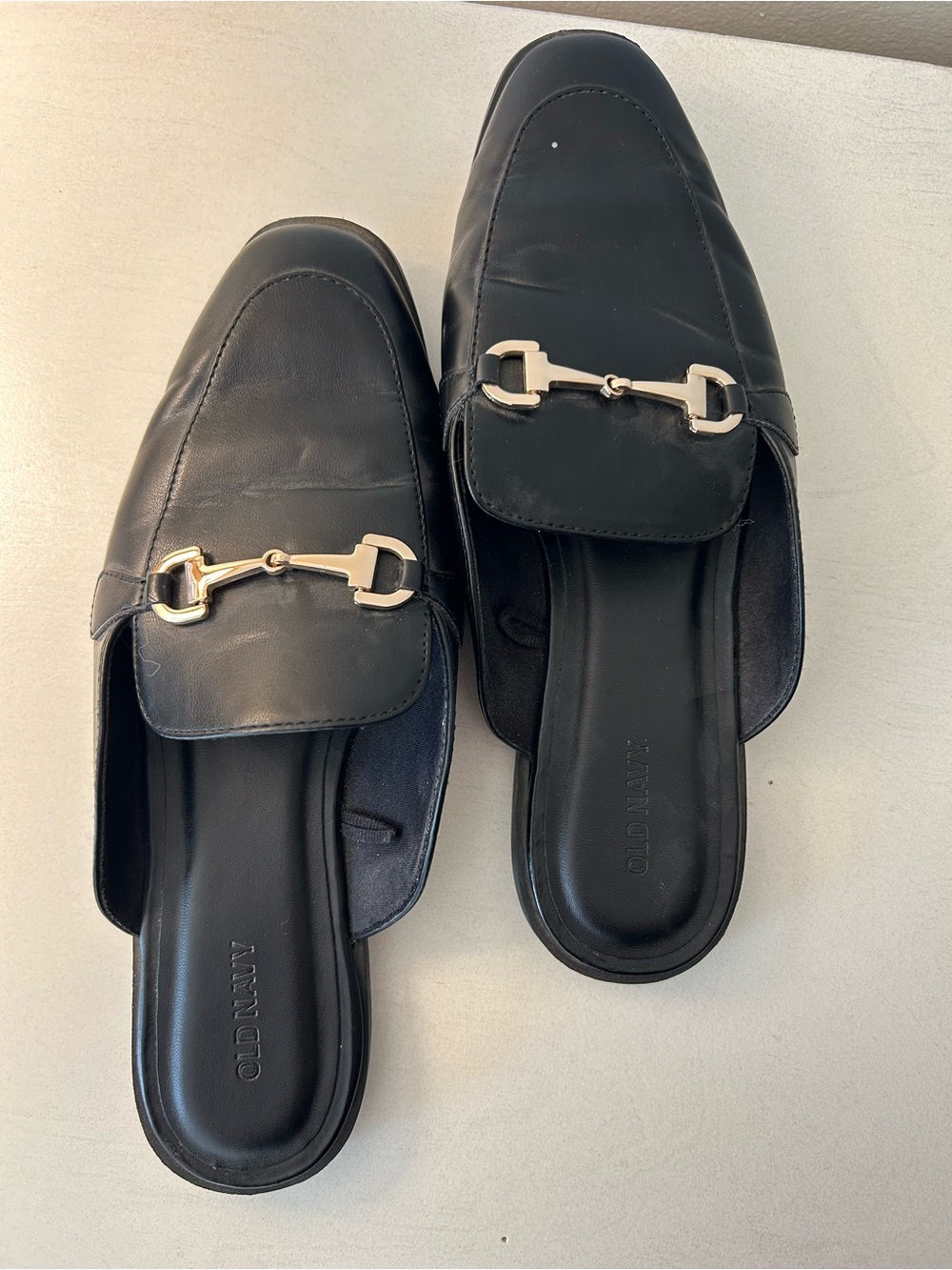 Old Navy Black Leather Backless Loafers with Gold Horsebit